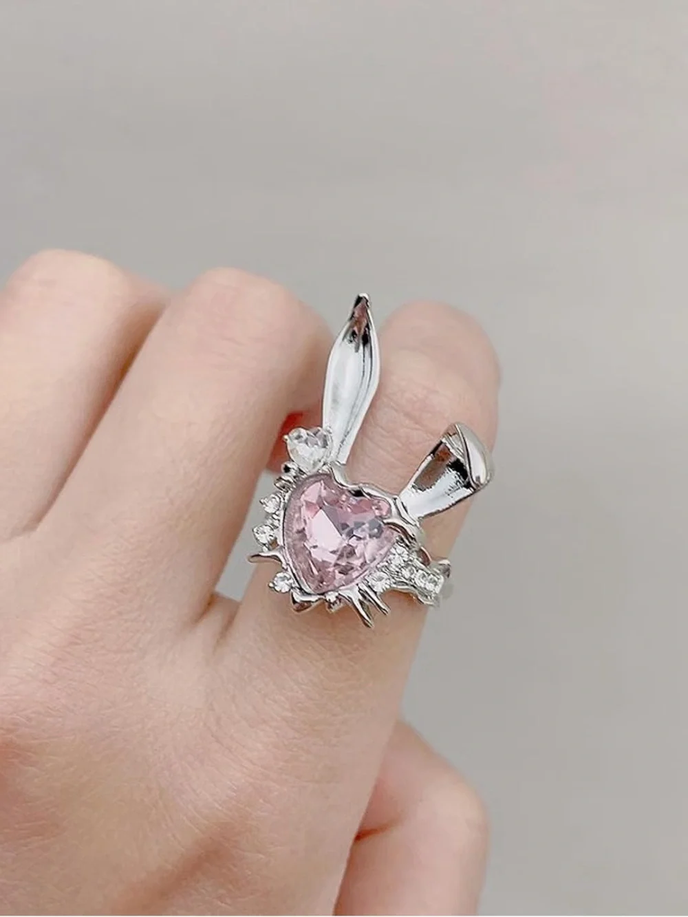 Heart-Shaped Bunny Ring for Women Pink CZ Rabbit Crystal Finger Silver